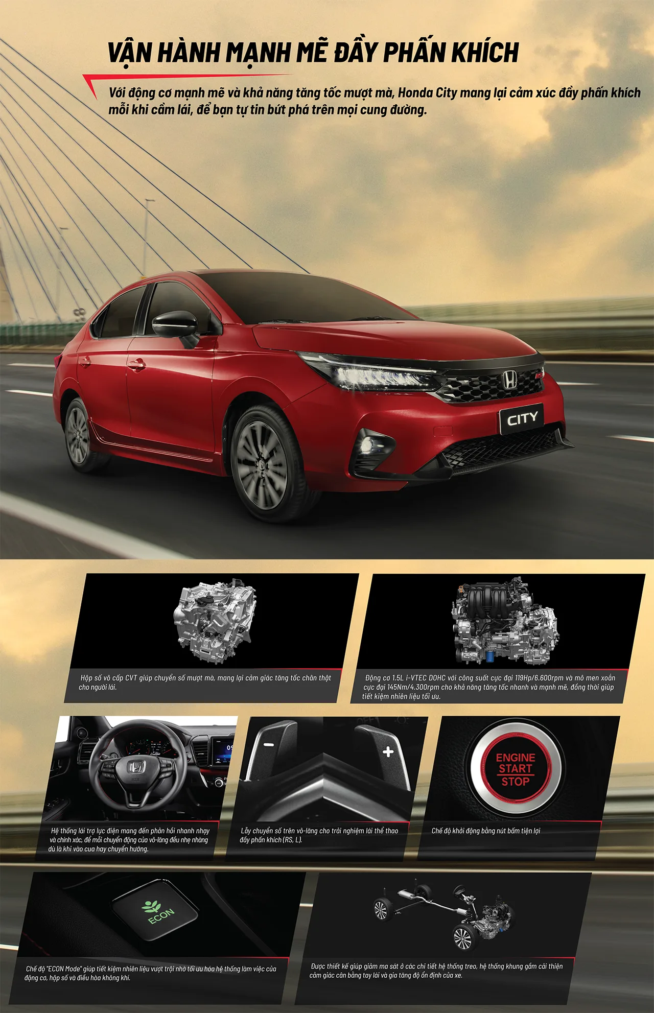 HONDA CITY Honda City trang bị hệ thống vận hành mạnh mẽ - thể thao
